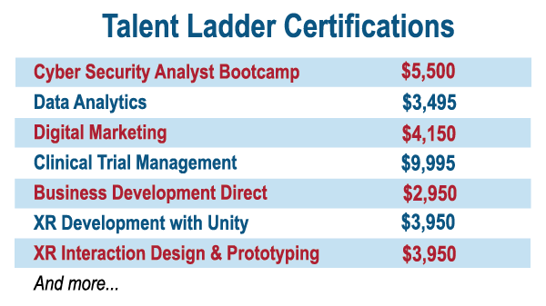 Talent Ladder Certifications Cyber Security Analyst Bootcamp $5,500 Data Analytics $3,495. Digital Marketing $4,150 Clinical Trial Management $9,995 Business Develop. Direct $2,950 XR Develop with Unity $3,950 XR Interaction Design Prototyping $3,950
